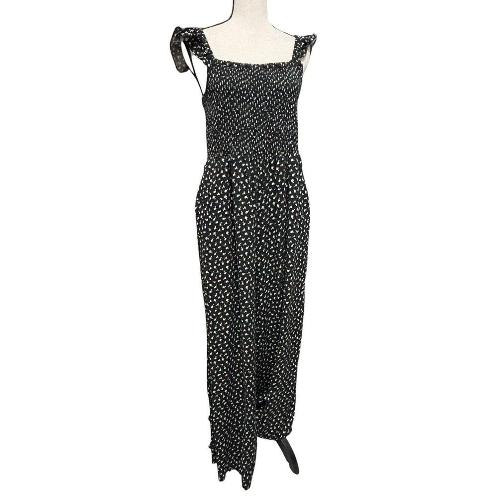 Loft Beach Smocked Ruffle Strap Jumpsuit Sz Large Crop Length Black White - Picture 3 of 11